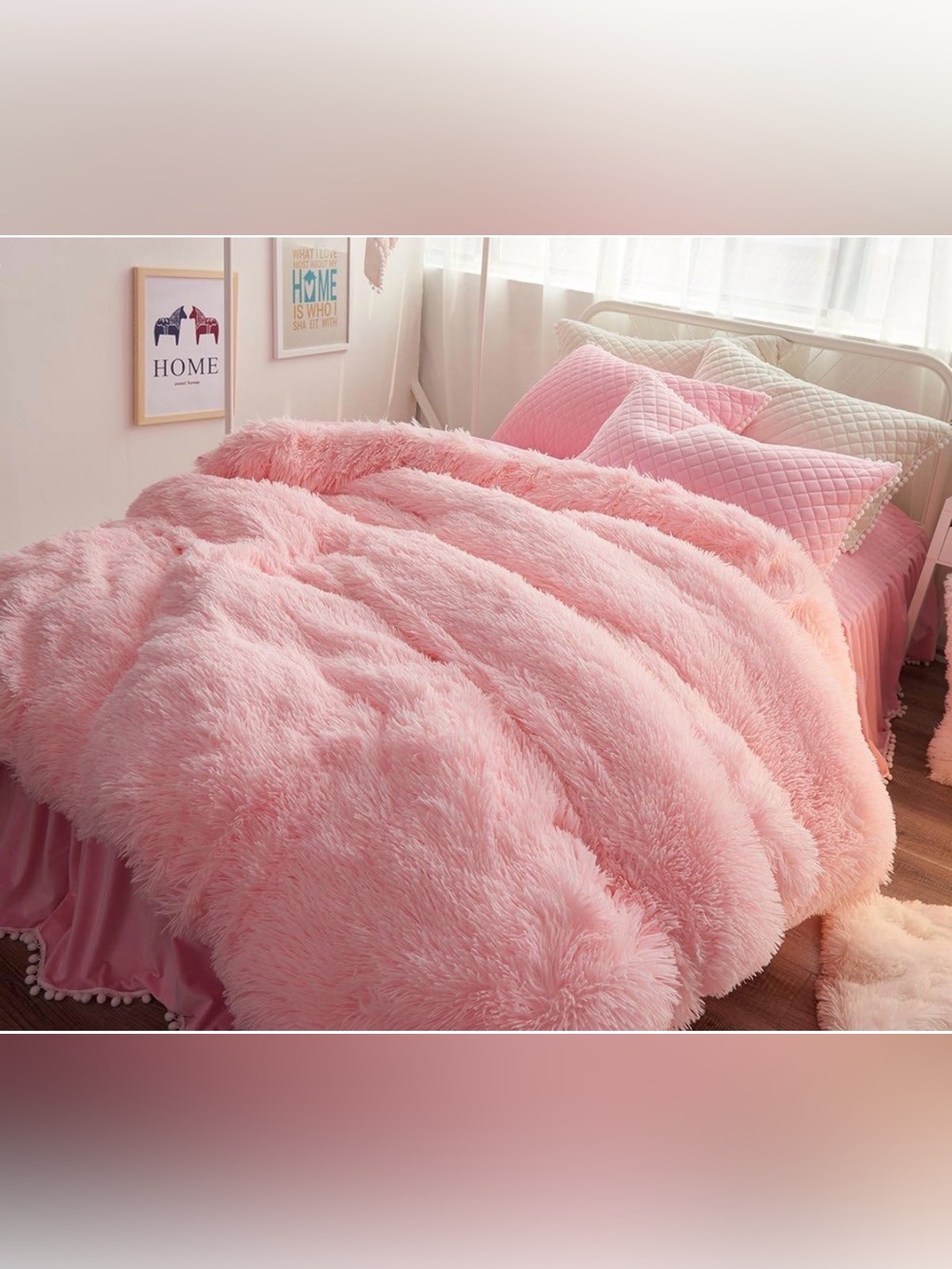 Plush Pink Faux Fur King Duvet Cover & Pillowcase Set | Soft Cozy Bedding | NWOT